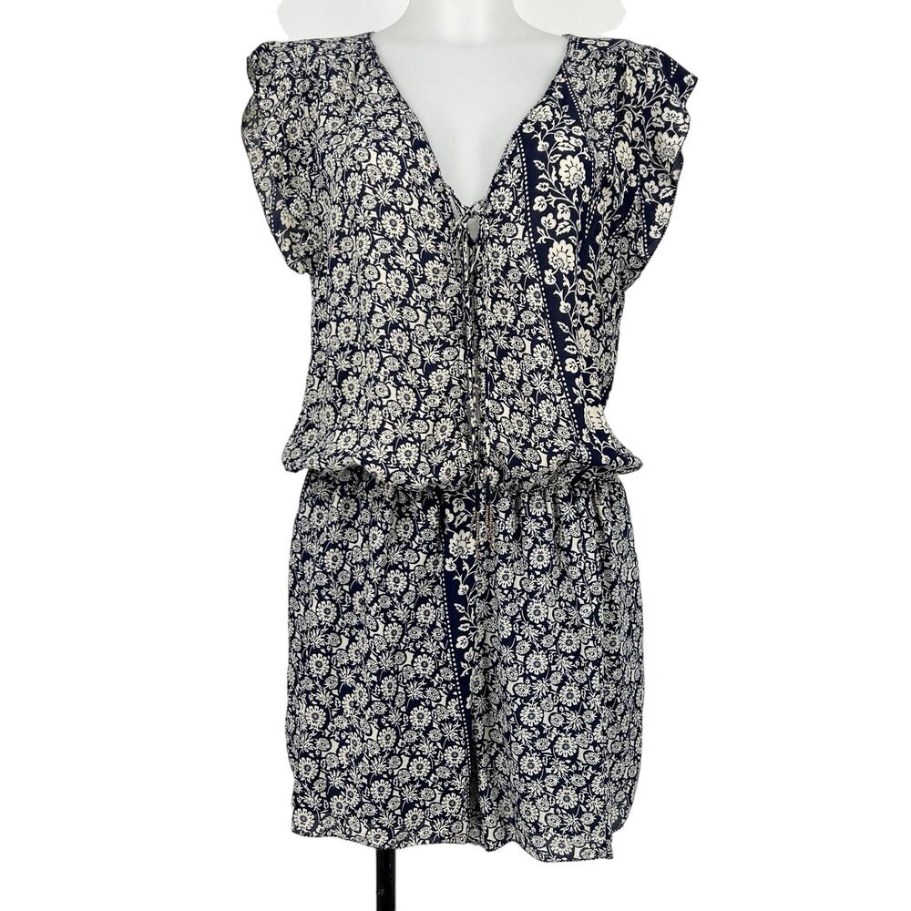 Gypsy 05 Romper Large Navy Blue White Mixed Print Floral Lace Up Beaded NEW BOHO - Picture 1 of 8